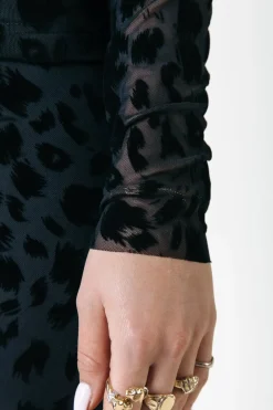 Online Colourful Rebel Neyo Leopard Flock Mesh Top | Black